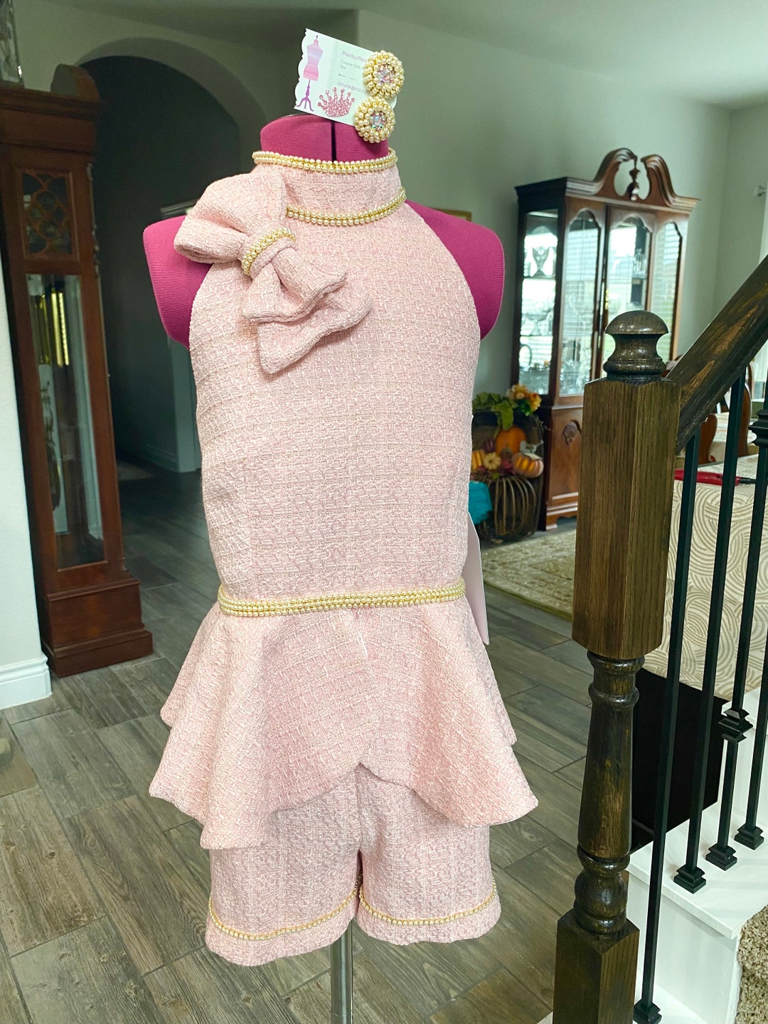 Girls Pageant Interview Set, Size 7, Halter Shorts Pink Tweed, Matching