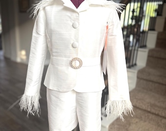 Girls Pageant Interview, Size 10, Pageant Jacket and Short Set, White Feathered Pageant Dress, Girls Peplum Jacket Belt Shorts, Fun Fashion