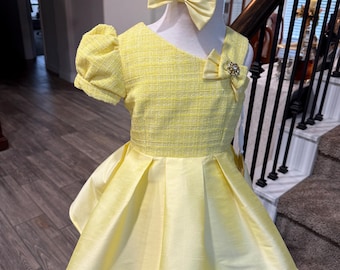 Girls pageant interview, size 3, Yellow Tweed and Poly Dupioni, Fit Flare Pageant Interview Dress Outfit, Toddler pageant interview, Easter