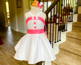 Girls Pageant Party Interview Dress, Size 3, Bright White and Neon Flamingo Pink Dress, Pageant CasualWear, Fit Flare Dress, PageantSuits