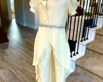 Girls Pageant Interview, Pageant Fun Fashion, Size 5/6, Banana Yellow High/Low top and Pant Set, Pageant Jumpsuit, Rhinestones and Chiffon