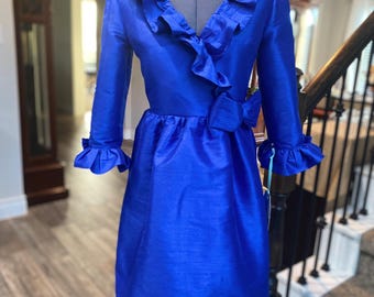 Girls Pageant Interview Dress, Size 10, Bright Royal Blue, Faux Wrap Bodice, Ruffles and Bows, Classic Styling, PageantSuits, Diane Marak
