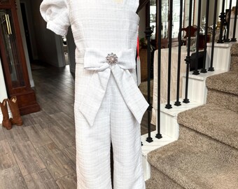 Girls Pageant Interview, Size 6, Tweed Jumpsuit, Pageant Jumpsuit, White Tweed Pageant Outfit, Girls Tweed Jumpsuit, Tweed Interview, Marak