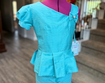 Girls Pageant Romper, Size 7,  Tweed Romper, One Shoulder Jumpsuit, Blue Pageant Romper, Silk Bodice, Peplum Romper, Girls Blue Dress Romper