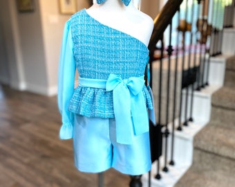 Girls Pageant Interview Casualwear Romper, Size 2. Aqua and Turquoise tweed and Mikado Romper, Girls Pageant Sportswear, One Shoulder, Marak