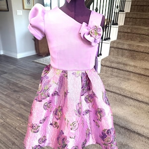Girls Pageant Interview,  Size 7, Pageant Party Dress, Pageant Cocktail Dress, Fit/Flare Pageant Dress, Lavender Scuba and Brocade, Marak