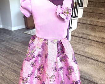 Girls Pageant Interview,  Size 7, Pageant Party Dress, Pageant Cocktail Dress, Fit/Flare Pageant Dress, Lavender Scuba and Brocade, Marak