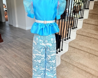 Girls Pageant Outfit, Size 6, Mikado Top Brocade Pant Set, Blue Pageant Jumpsuit, Peplum Top and Bell Bottom, Pageant  Interview, Casualwear
