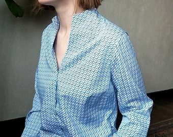 Vintage elegant cute print cotton blouse stand up goblet collar Medium size lady's whimsical  office shirt