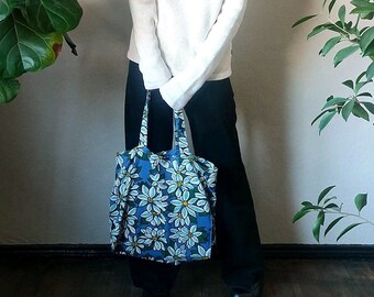 Handmade tote bag upcycled large floral in blue white yellow fabric shopper reusable market bag