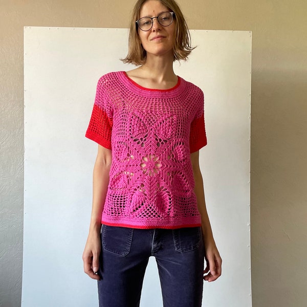Vintage short sleeve crochet top, cute pink crochet floral lace t-shirt, hand knit short sleeve sweater, small size S