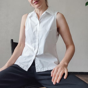 Chemisier blanc ajusté sans manches vintage en coton stretch - Taille M