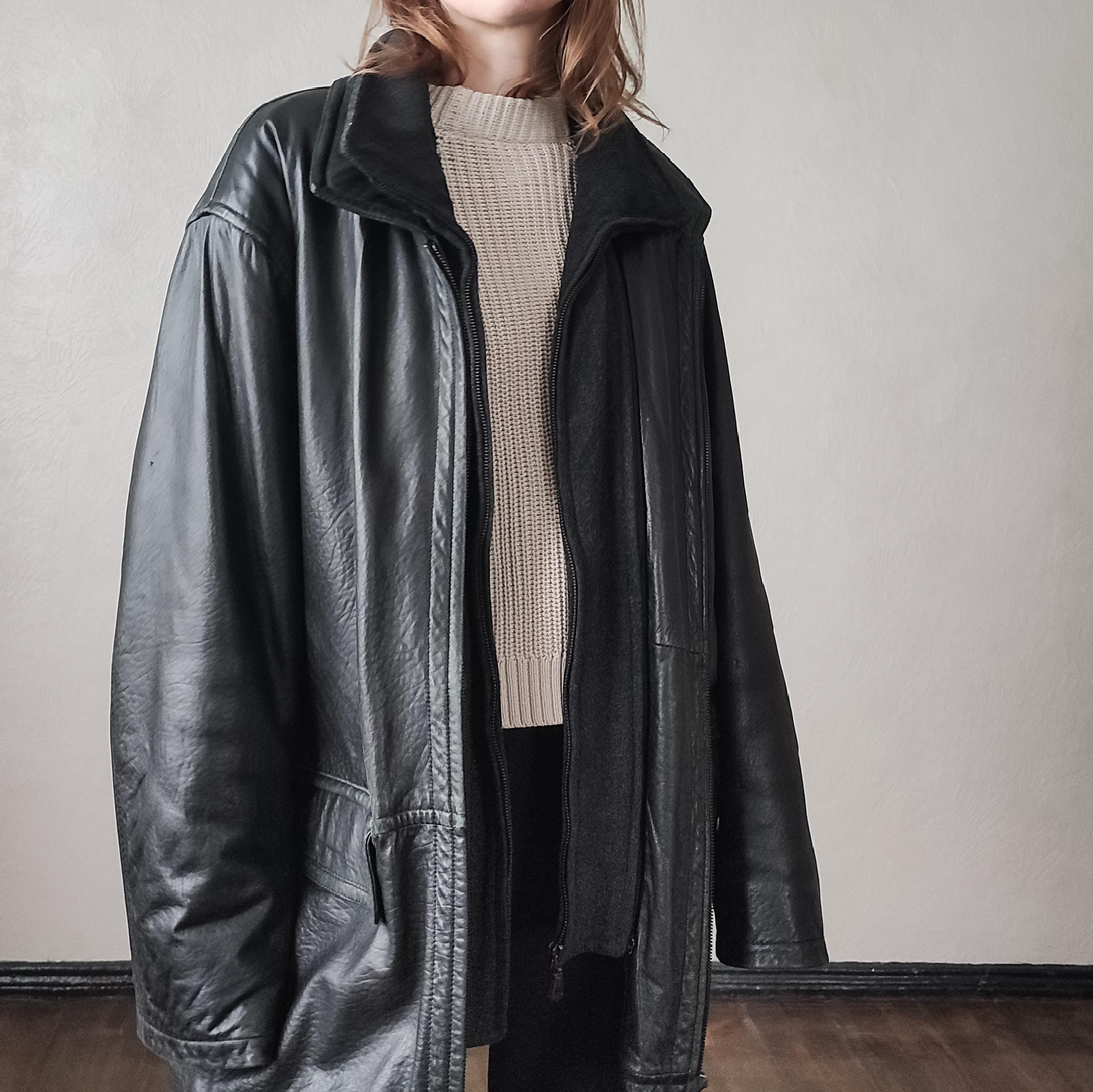 Vintage Black Leather Jacket - 90s Minimalist Zip-up Winter