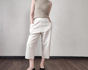 Vintage Beige Padal Drücker Hose - Hohe Taille Loose Fit Kurz Hose - Größe S