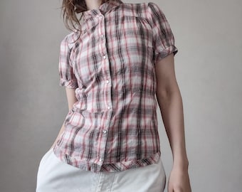 Vintage Karo Kurzarm Bluse in Rot und Weiß - Gr. XS/S
