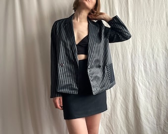 Vintage Double Breasted Lapel Collar Gray Silver Striped Blazer, Formal Shiny Patch Pocket Jacket, Small Medium Size S M