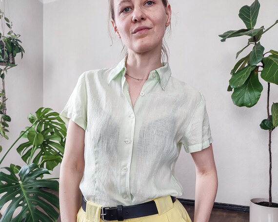 Vintage Linen Shirt - Pistachio Green Short Sleeve Blouse