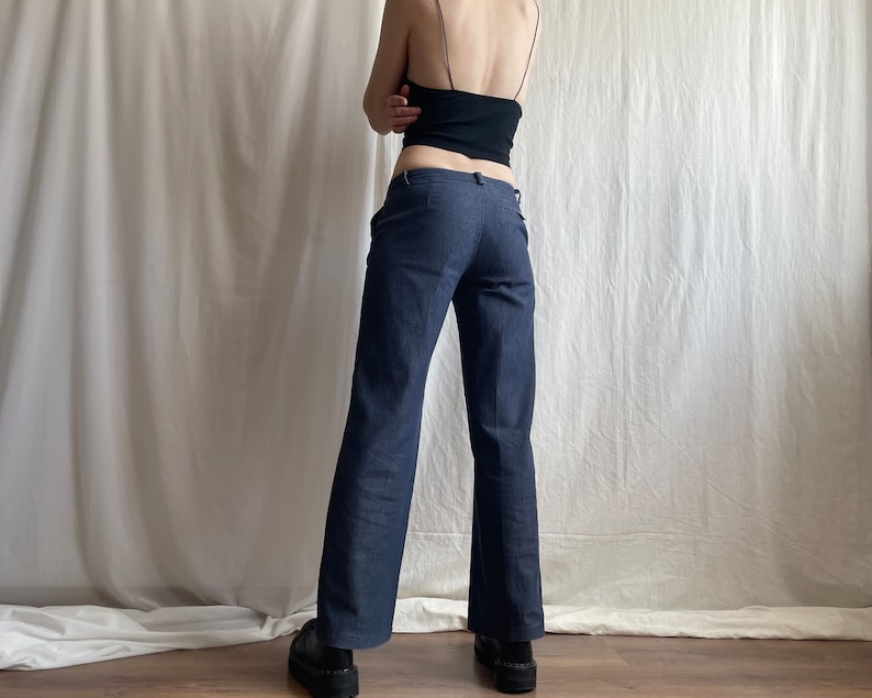 Pantalon en jean vintage taille basse à plis larges, pantalon en jean bleu foncé de l'an 2000 avec poches latérales, petite taille S image 5