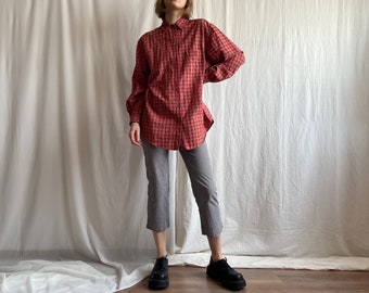 Vintage Long Sleeve Red Check Button Front Shirt, 90s Oversized Collared Plaid Summer Blouse, Small Medium Large