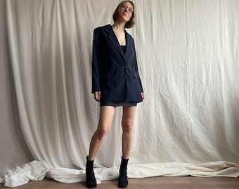 Blazer vintage con colletto a bavero monopetto blu navy con tasche, giacca da abito oversize anni '90, Small Medium Large