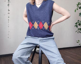 Débardeur vintage en laine d'agneau à motifs à motifs de motifs de losanges - Style preppy des années 90 - Taille S