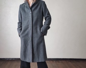 Vintage Navy Wool Maxi Coat With Gray Fur Collar - 90s Feminine