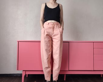 Vintage 1980s High Waist Horseshoe Pants - Architectural Balloon Leg Trousers in Salmon Pink Textured Cotton - Size 34