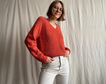 Vintage Strukturierter Pullover mit V-Ausschnitt in Orange Meliert, 90er Jahre Y2K Strickpullover, Lockerer Pullover, S M