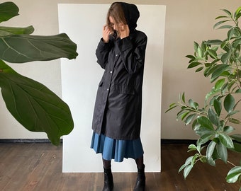 Vintage black hooded parka, 90s windbreaker coat, zip up outerwear jacket, snap button overcoat with flap pockets, Small Medium size S M