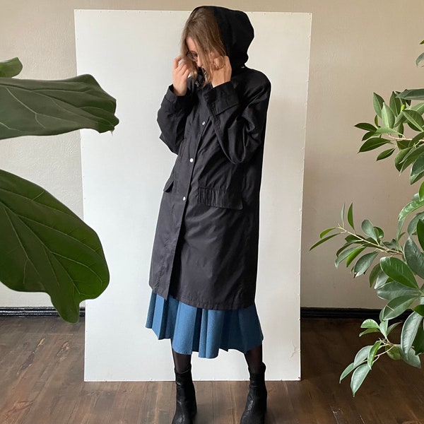 parka à capuche noire vintage, manteau coupe-vent des années 90, veste d’extérieur zippée, pardessus bouton pression avec poches à rabat, petite taille moyenne S M