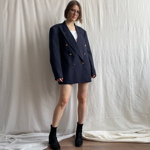 Vintage classy navy blue oversized wool blazer with pockets, double breasted men's office blazer, Small Medium Large