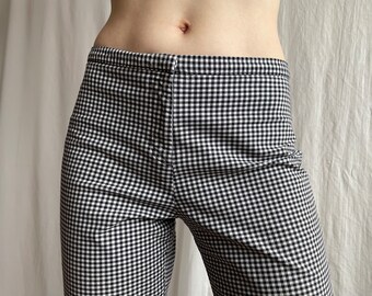 Vintage Karo-Zigaretten-Caprihose mit mittelhoher Taille, 90er-Jahre-Gingham-Karo-schmal geschnittene Baumwoll-Crop-Hose, kleine Größe S