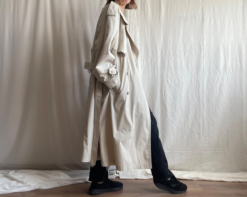 Maxi trench croisé blanc cassé vintage, pardessus ceinturé avec col à revers des années 90, moyen Extra Large M L XL image 8