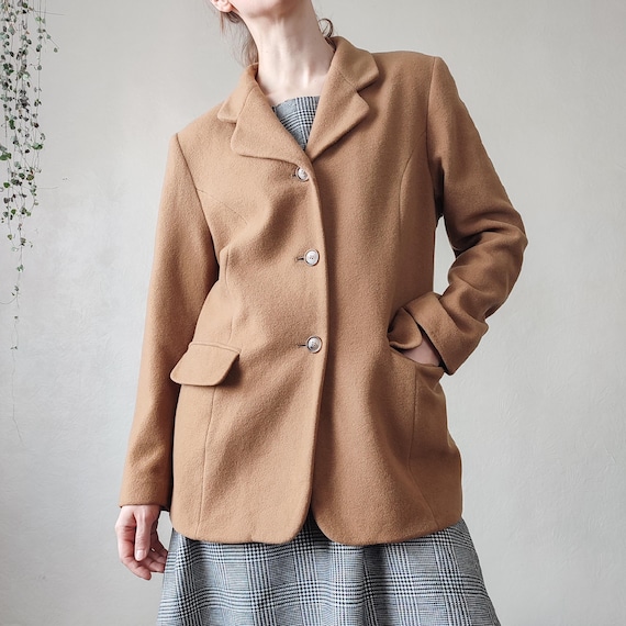 Vintage Women's Wool Blazer in Camel - Single Breasted 90s Jacket - Size M  - Etsy