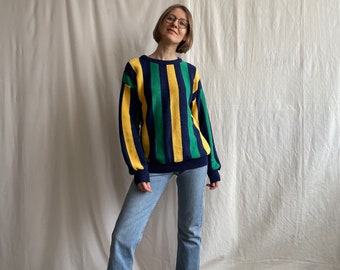 Vintage crew neck cotton knit sweater, bold warm multicolor knitted pullover jumper, 90s clothing, Medium size M