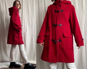 Vintage Hooded Cashmere Wool Padded Duffle Coat in Red, 80s Toggle Button Wool Coat with Pockets, Small Medium Large