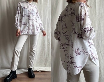 Vintage Long Sleeve Oversized Button Up Novelty Blouse, Collared 90s Curved Hem Cotton Shirt, Small Medium Large