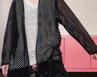 Vintage Black Mesh Cardigan - Finnish 80s Long Sleeve Layer