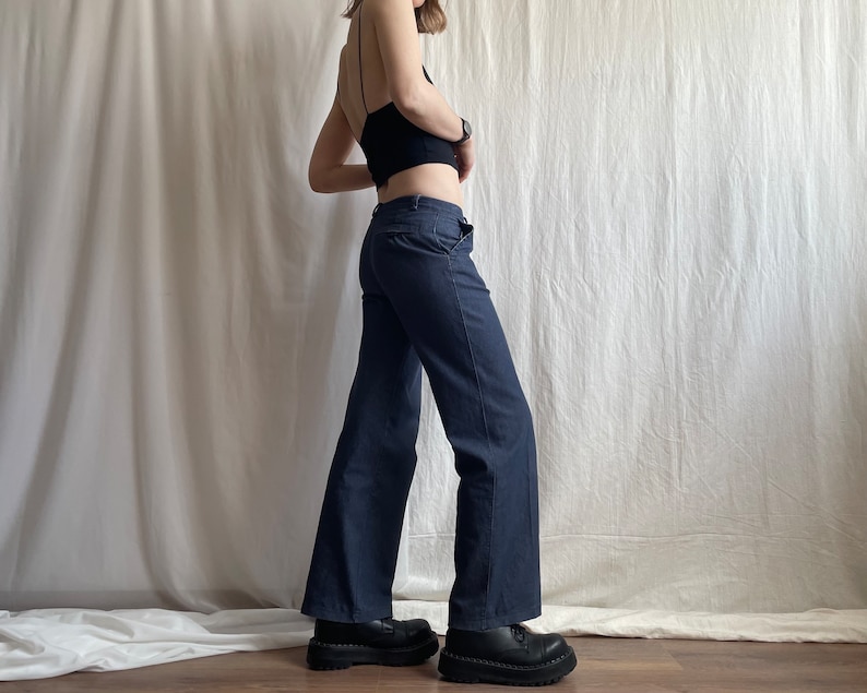 Pantalon en jean vintage taille basse à plis larges, pantalon en jean bleu foncé de l'an 2000 avec poches latérales, petite taille S image 6