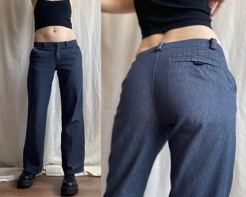 Pantalon en jean vintage taille basse à plis larges, pantalon en jean bleu foncé de l'an 2000 avec poches latérales, petite taille S image 4