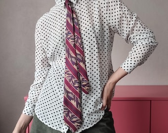 Vintage Men's Silk Necktie - Striped Leaf Print Tie in Dark Red Mix