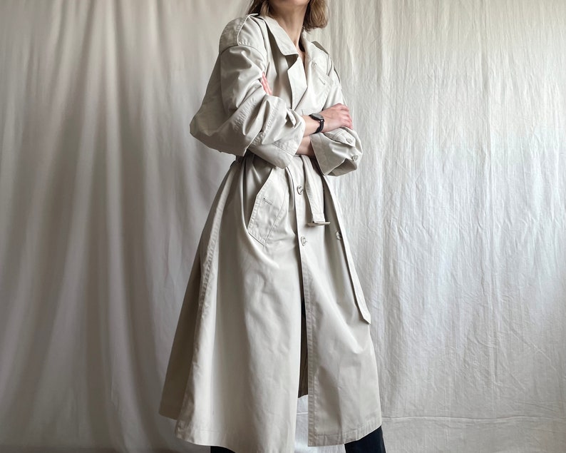 Maxi trench croisé blanc cassé vintage, pardessus ceinturé avec col à revers des années 90, moyen Extra Large M L XL image 3