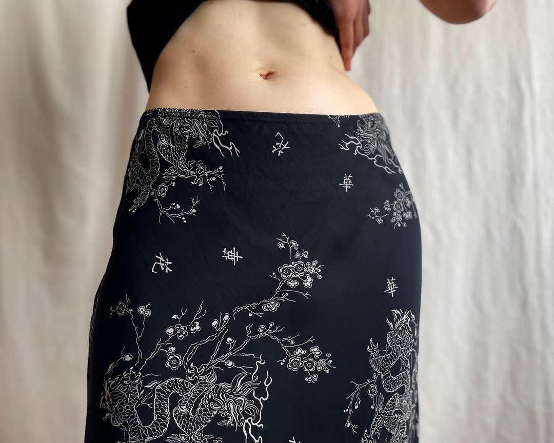Vintage Black Dragon Motive Slip Sheer Skirt, 90s Y2K High/low Waist