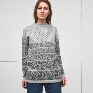 Vintage Lambswool Angora Blend Sweater Monochromatic Fair Isle Jumper Extra Warm Double Knit Pullover, Small Medium Size image 1