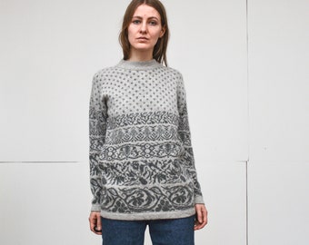 Vintage Lambswool Angora Blend Sweater Monochromatic Fair Isle Jumper Extra Warm Double Knit Pullover, Small Medium Size