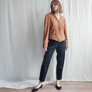 Vintage Leather Jacket 80s Swedish Suede Jacket in Toffee Brown Soft Suede, Medium Size Button-Up Cropped Jacket S/M