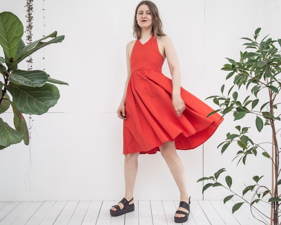 red summer halter dress MINKPINK Ravelo Halter Mini Dress Red Palm Print L
