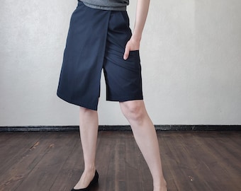 Vintage 90er Jahre blauer Wickelskort, hoch taillierter Minimalist Stil, Größe S