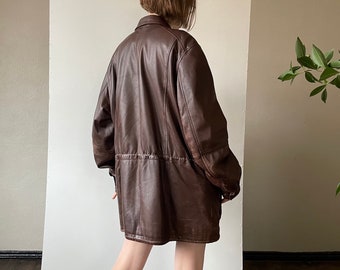 Vintage oversized brown genuine leather jacket, 80s 90s full zip collared menswear leather jacket, Small Medium Large