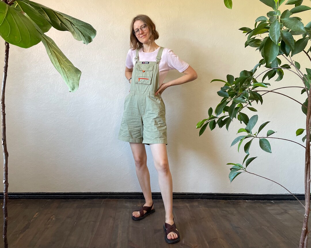 Vintage Olive Green Short Overalls With Pockets 90s Overalls Etsy